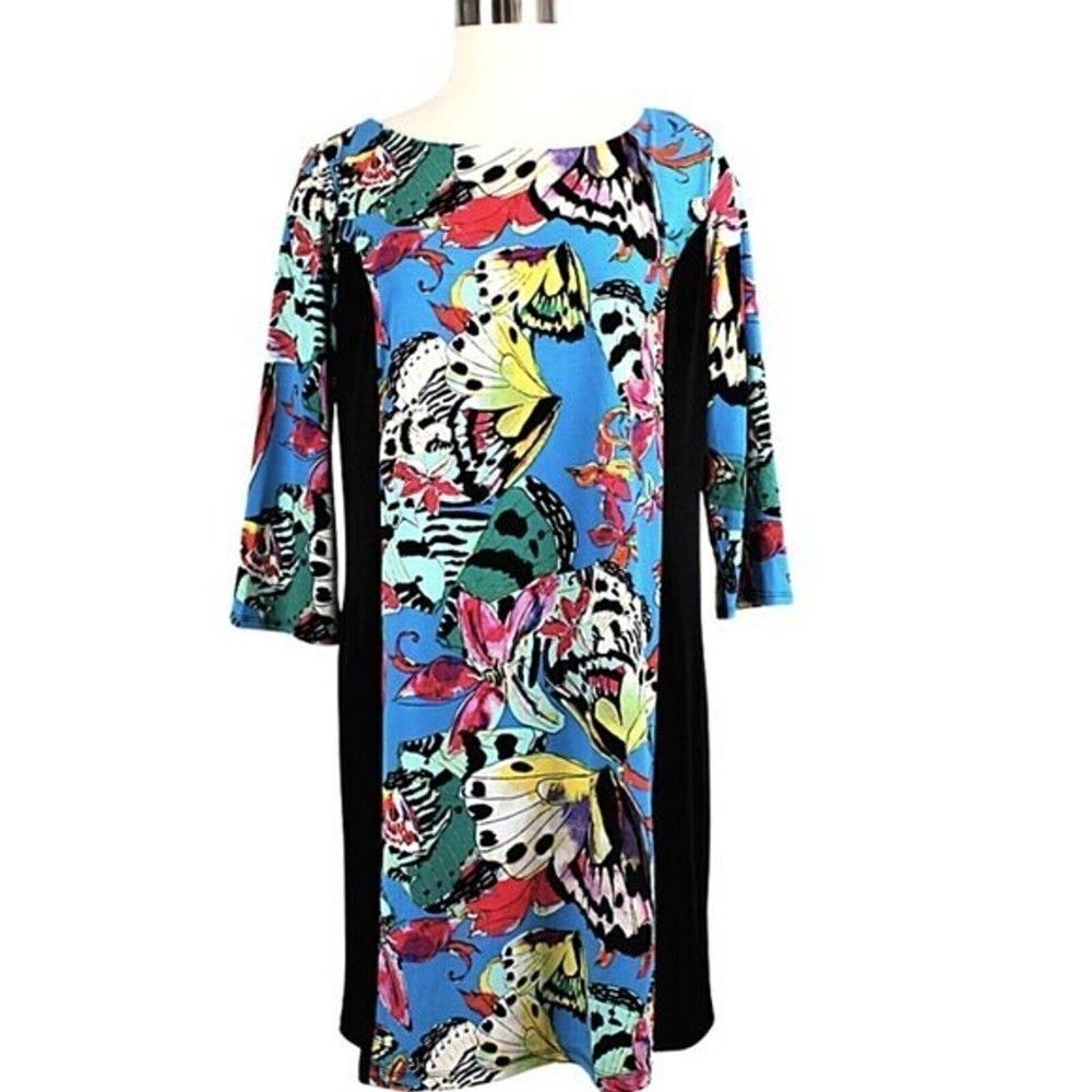 Slimming Side Panel Dress Knee Length Shift ¾ Sleeve Blue Butterfly Print Sz L